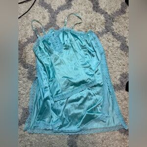 VINTAGE JcPenney Aqua Satin Lace Trim Slip and Cami